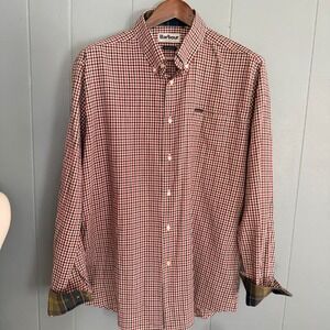 Barbour Padshaw Tailored Fit Gingham Button Down Shirt L Brick Red Black Tartan